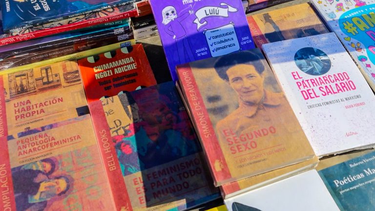 Ventas de libros en Feria realizada dentro de las actividades de la Muestra de Cortometrajes de FESTMYD, donde se destaca el libro "El Segundo Sexo" de Simone de Beauvoir